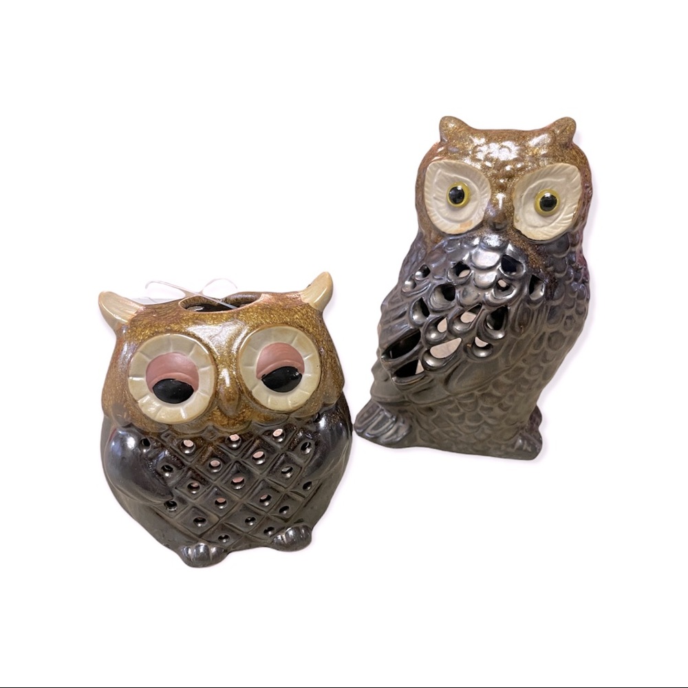 Set of 2 Ceramic Owls - Tea Light Candle Holder